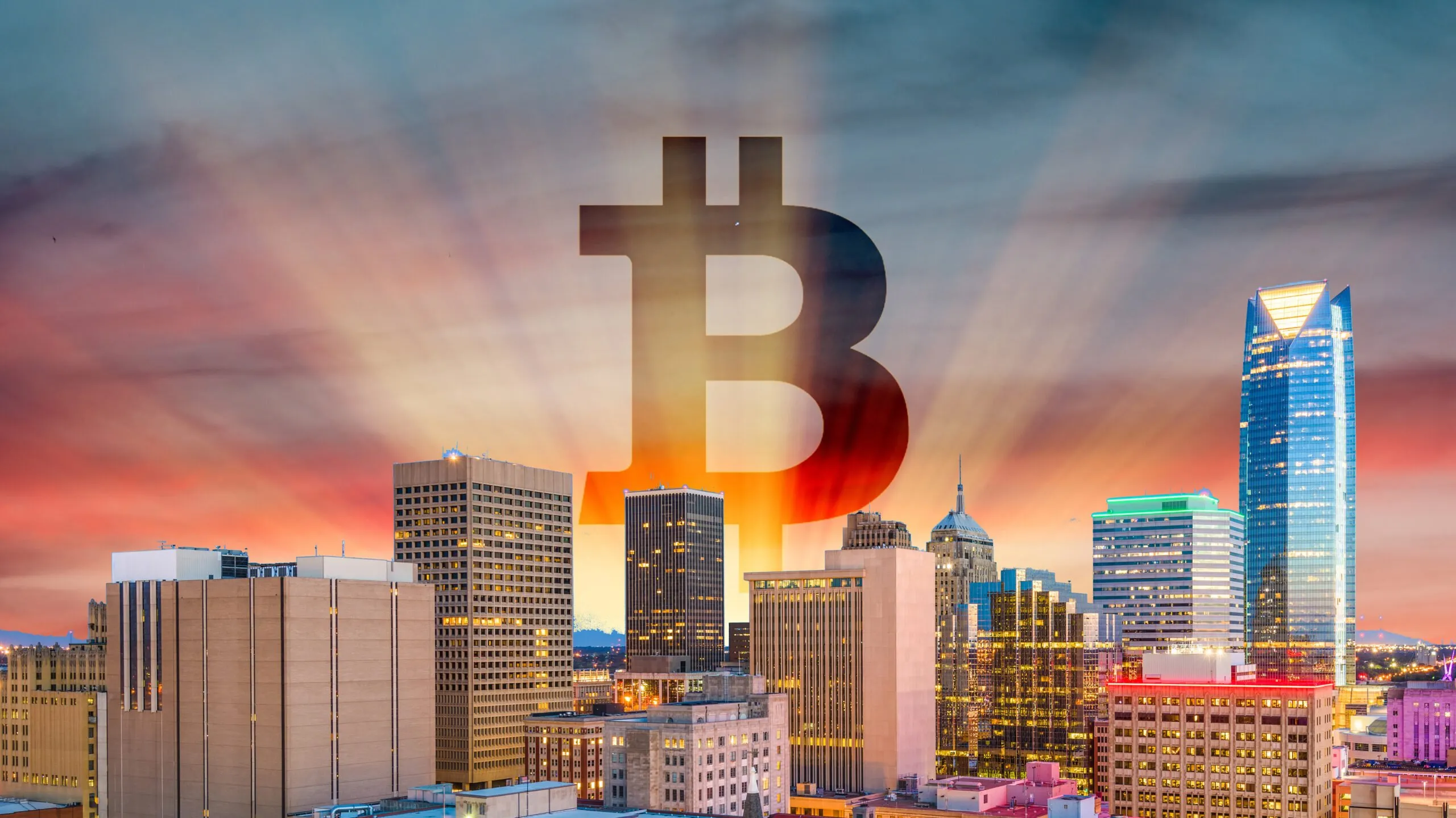 Bitcoin logo and Oklahoma city skyline. Images: Sean Pavone and Steklo/Shutterstock