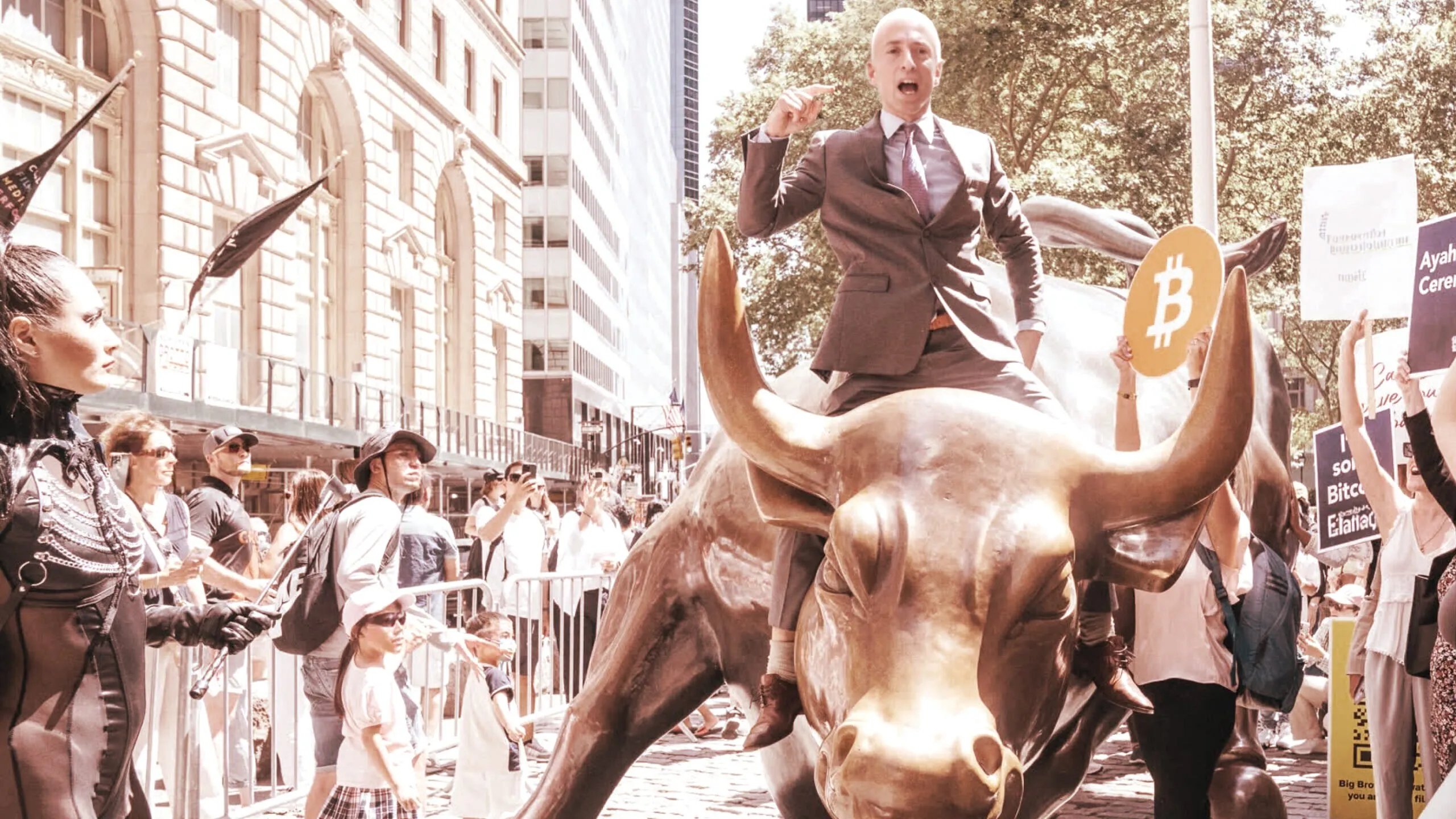 "Gary Gensler" riding the Wall Street Bull while declaring a new era for crypto. Image: UNFK (Image created with AI)