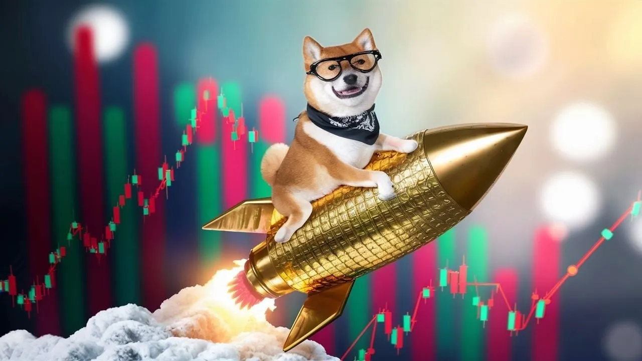 Shibu Inu dog riding a rocket. Image created by Decrypt using AI