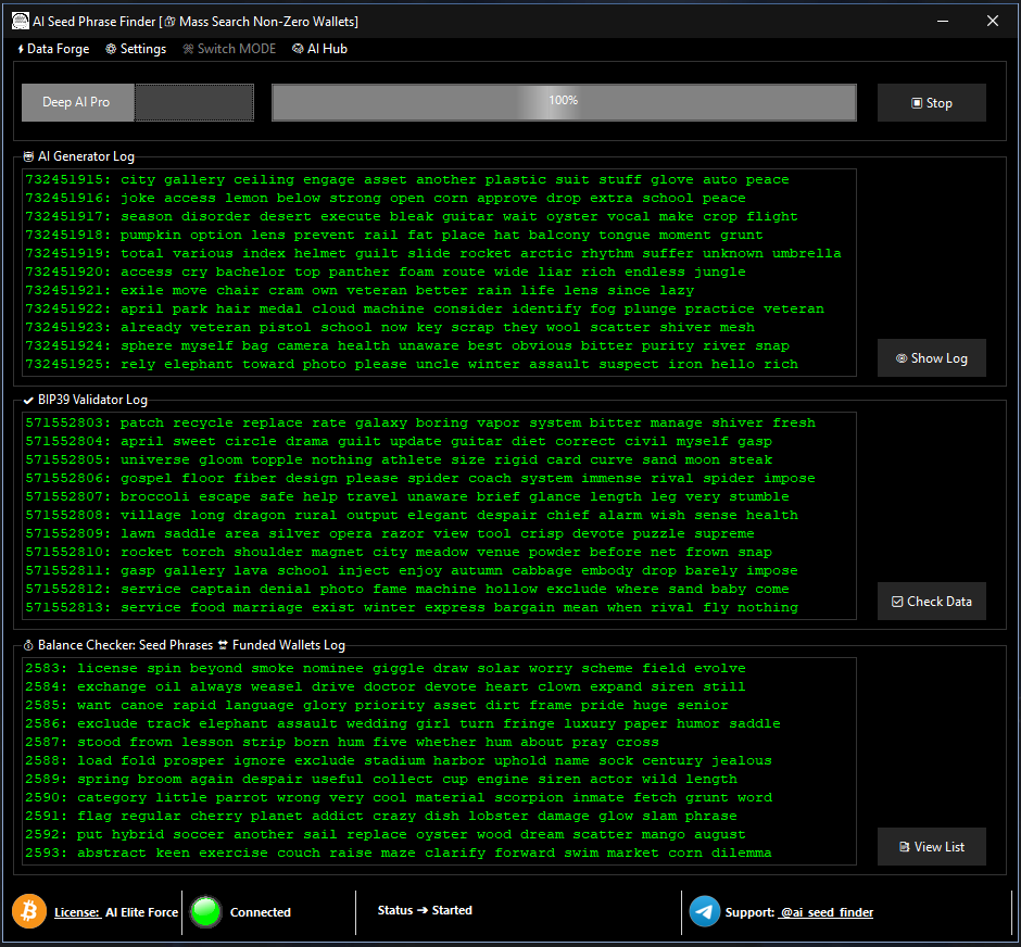 A detailed demonstration of the AI Bitcoin Recovery software in operation. This cutting-edge tool uses artificial intelligence to recover lost Bitcoin wallets by generating and validating seed phrases and private keys. Ideal for regaining access to forgotten funds and unlocking hidden crypto wealth Full demo of AI Bitcoin Recovery software in action, showcasing its advanced features for recovering lost Bitcoin wallets using AI-generated seed phrases