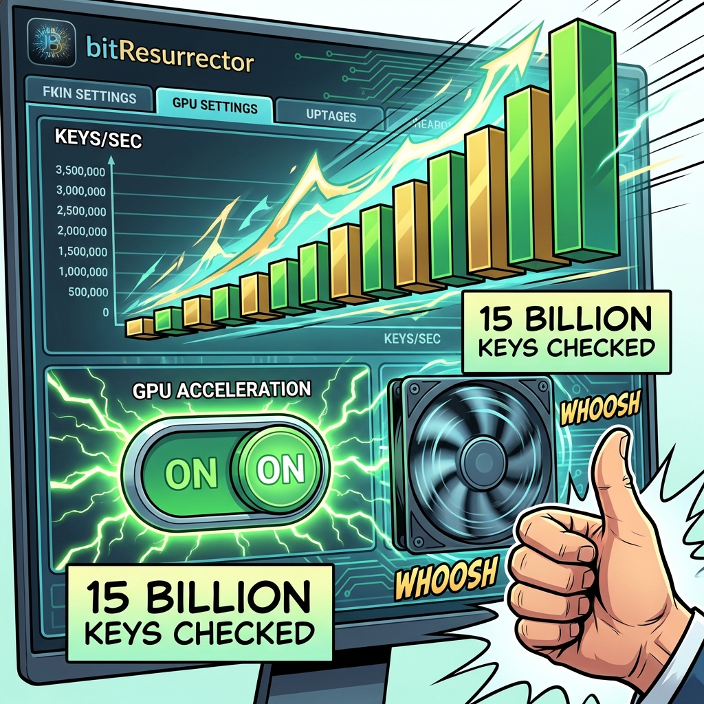 GPU Accelerator Mode: 15 Billion Keys Checked BitResurrector GPU Accelerator Mode Settings Interface