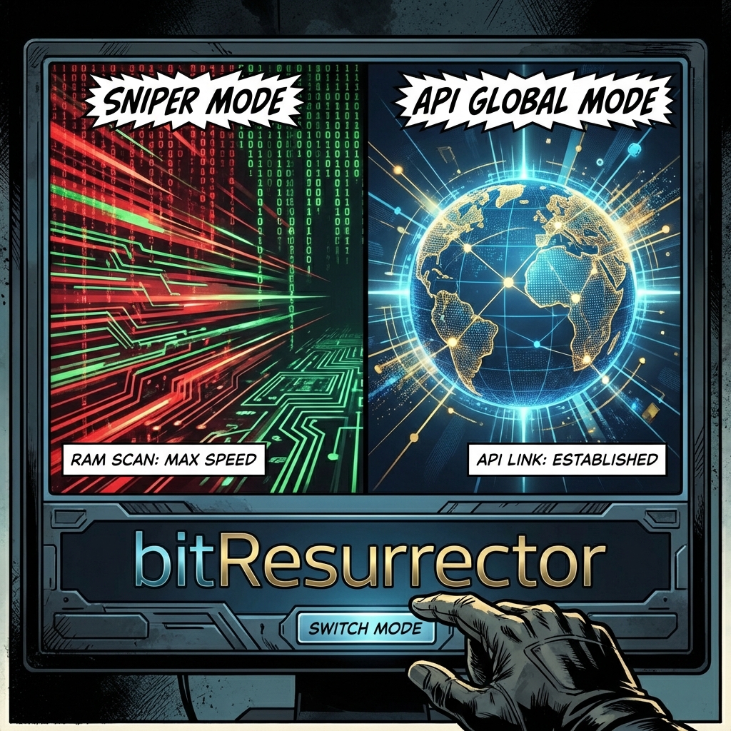 Sniper and API Global Operation Modes Interface BitResurrector Interface: Sniper Mode vs API Global Mode Split Screen