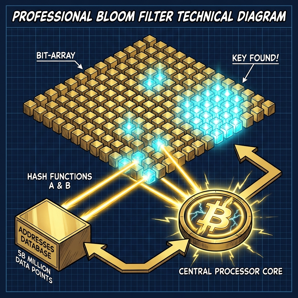 Bloom Filter Probabilistic Data Structure Scheme Bloom Filter Mechanism Scheme comic style visualization