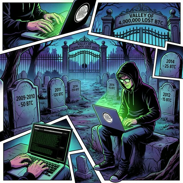BTC Cemetery: Visualizing Billions in Lost Bitcoin Assets Awaiting Recovery Illustrative conceptualization of 'Abandoned Bitcoin Wallets' as a digital cemetery of lost assets, representing the vast potential for recovery using AI Seed Phrase Finder