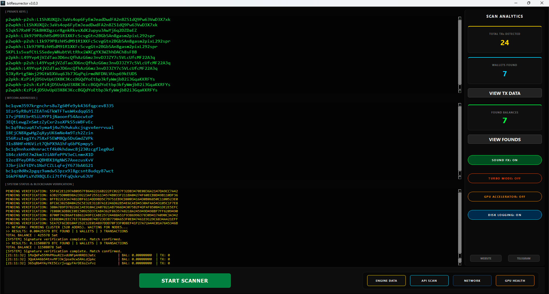 Real Proof of work software with results Software interface - BitResurrector GUI
