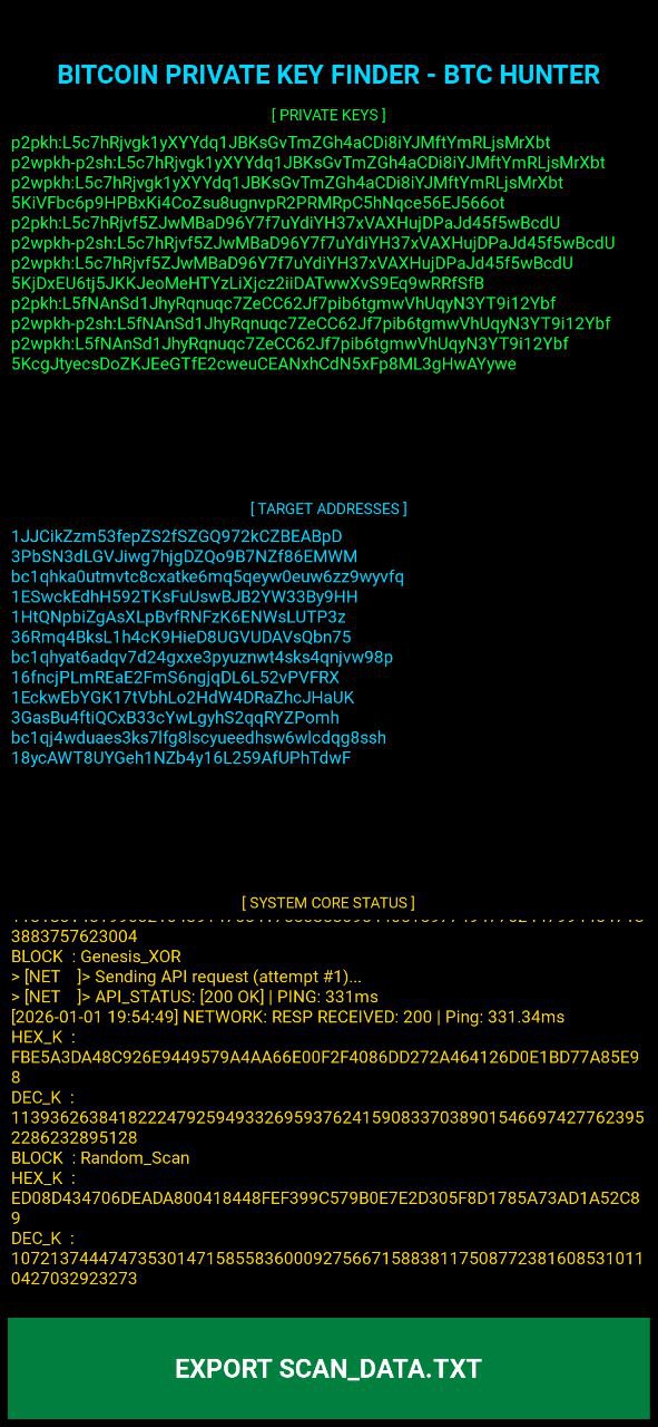 Android mobile Bitcoin Private Key Finder – BTC Hunter interface