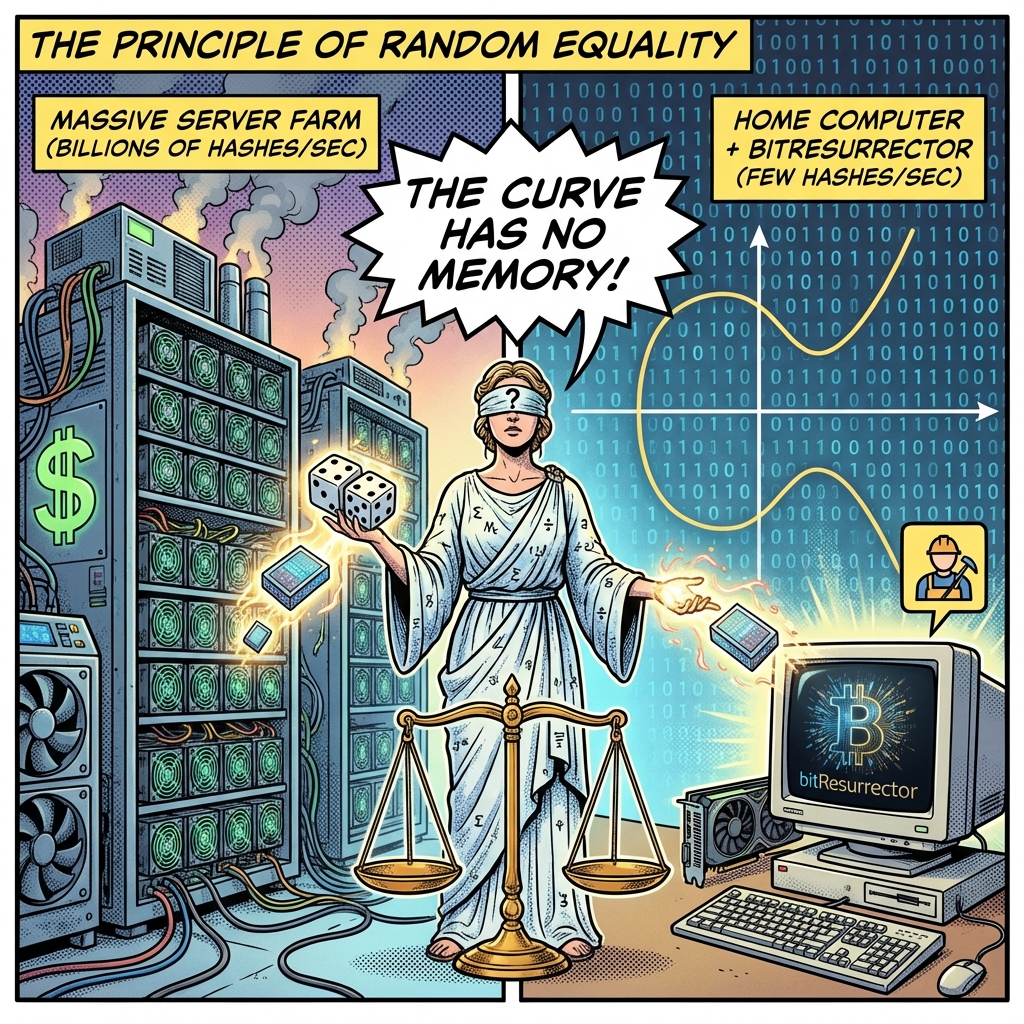 Random Equality: Home PC vs Specialized Mining Farm The Principle of Random Equality illustration - Mining Farm vs Home PC