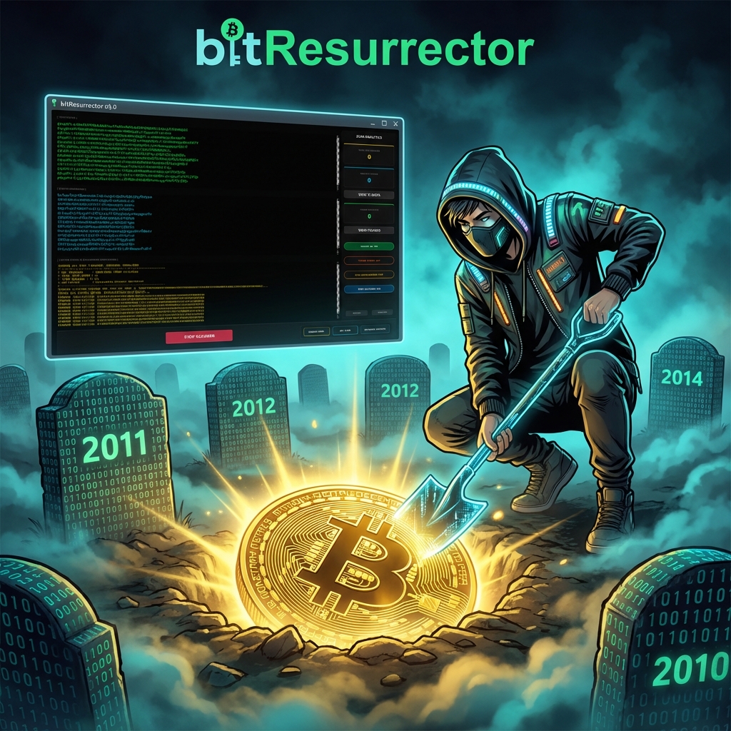 BitResurrector: Recovering Keys from the Digital Graveyard Digital Archaeology concept - recovering abandoned Bitcoin assets from the digital graveyard