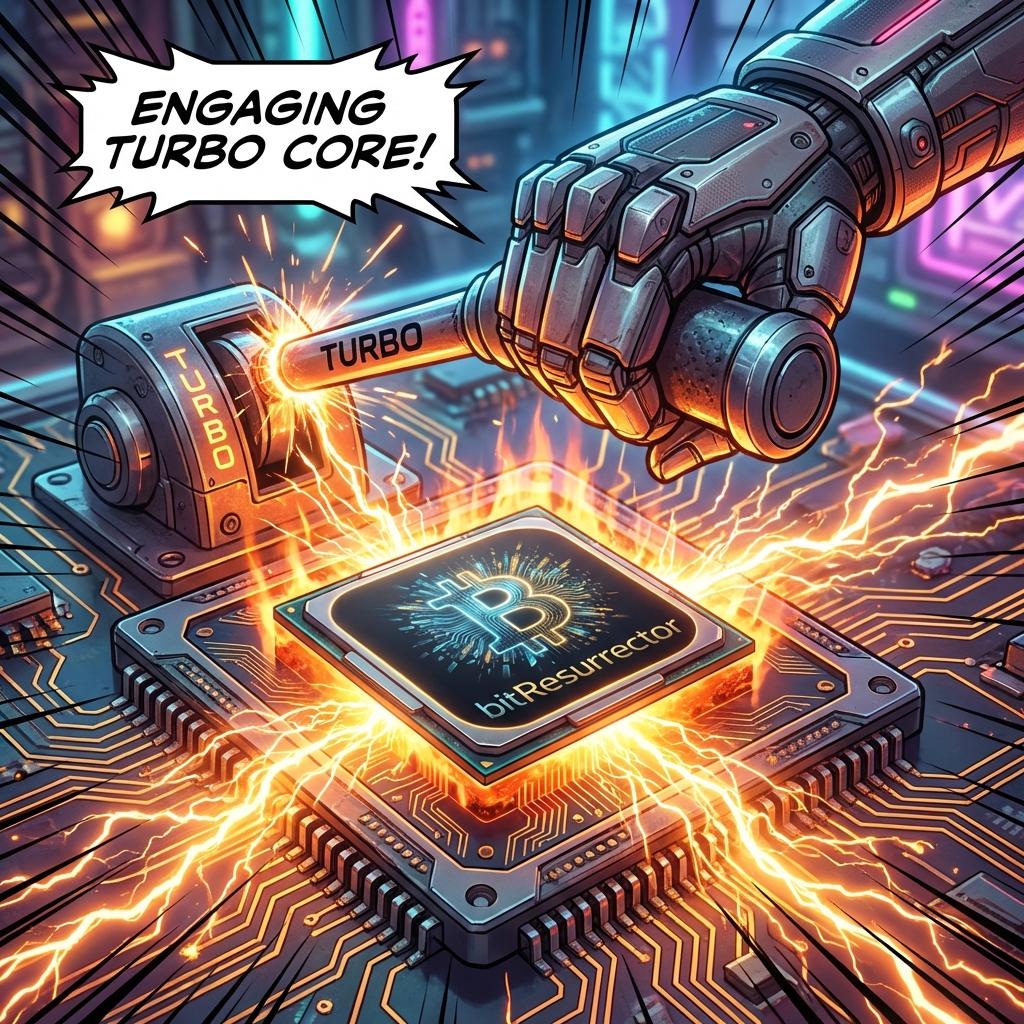 BitResurrector Turbo Mode GPU Scaling Visualization Turbo Mode Activation Comic Panel with System Optimization
